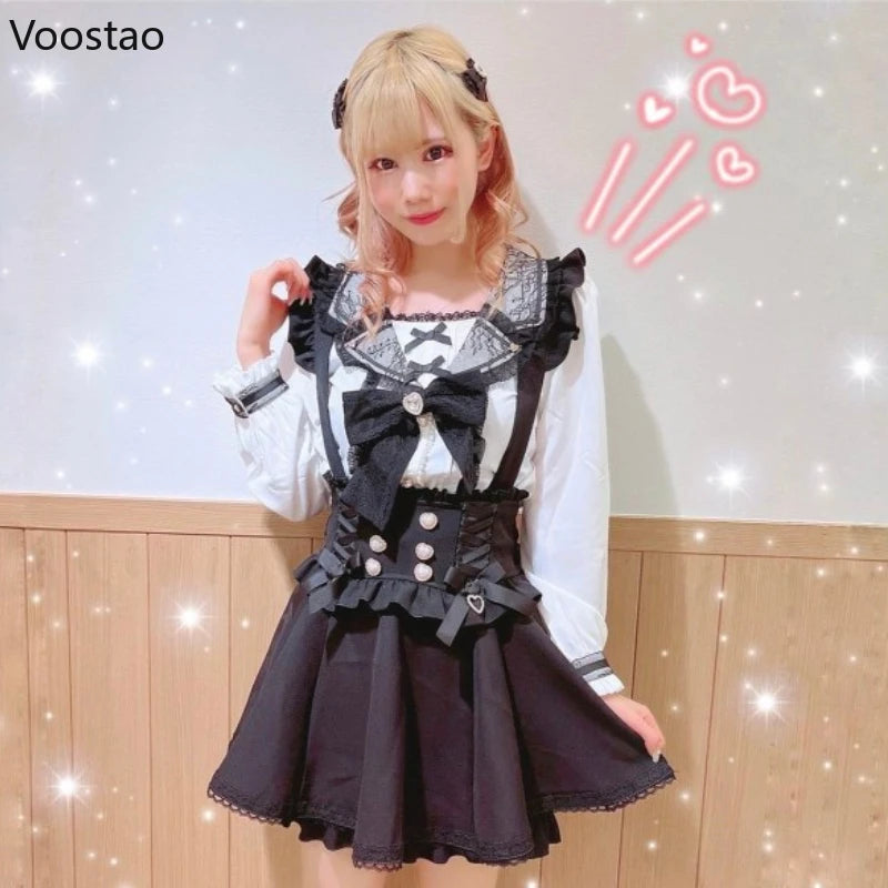 Japanese Gothic Lolita Ribbon Bow Diamond Pearl Buckle Removable Short Suspender Skirt Girls Sweet Cute Lace A-Line Mini Skirts