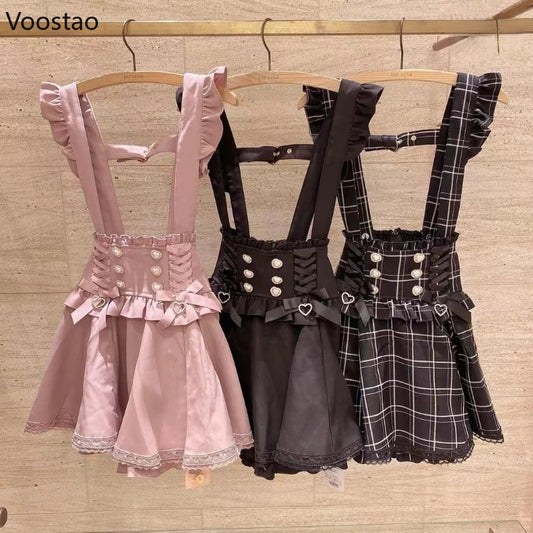 Japanese Gothic Lolita Ribbon Bow Diamond Pearl Buckle Removable Short Suspender Skirt Girls Sweet Cute Lace A-Line Mini Skirts